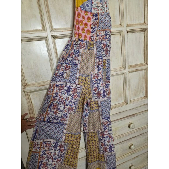 Anthro Let Me Be Patchwork Floral Jumpsuit S White Blue - Picture 5 of 12
